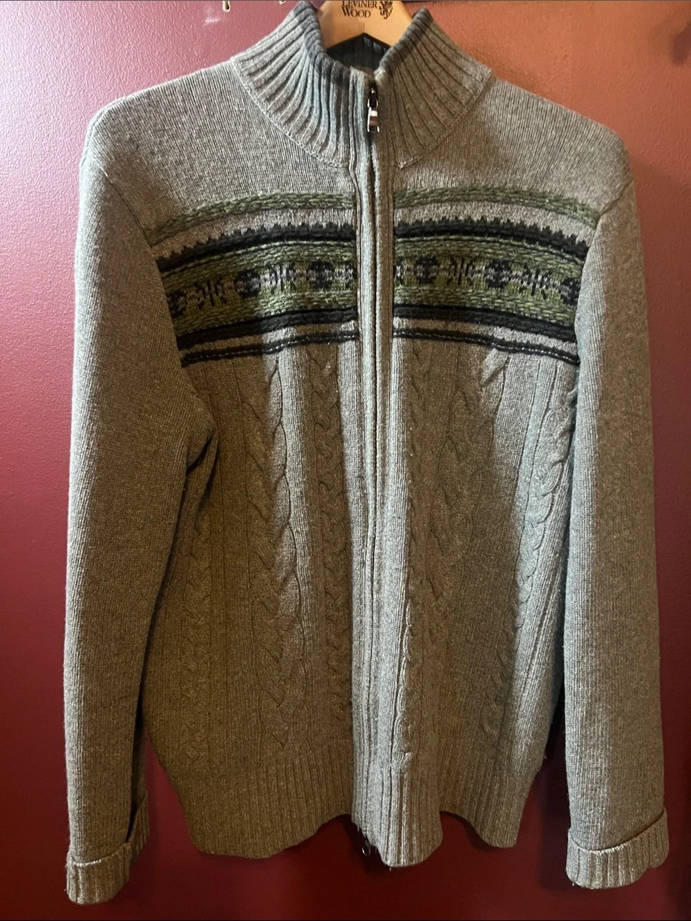 Banana Republic Gray Zip-Up Cable Knit Sweater with Green Fair Isle
